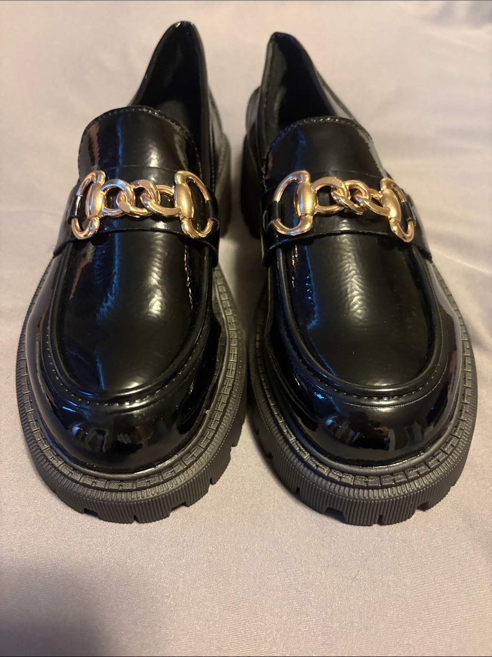 Zara Black Patent Loafers with Gold Chain Accent